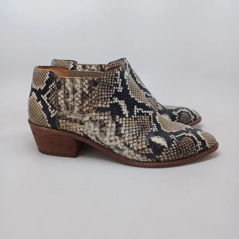 Madewell womens Snakeskin Print Pointed Toe Ankle Boots Brown Tan Block Heel 9.5